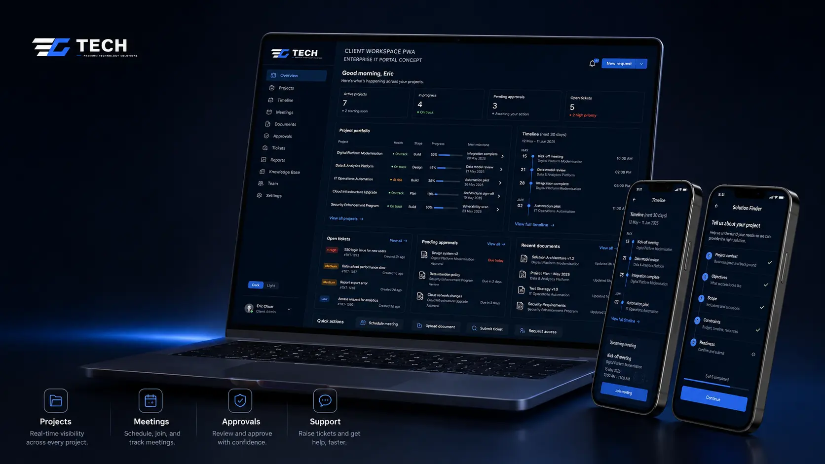 EC TECH Client Workspace installation concept showing the app across laptop and mobile formats