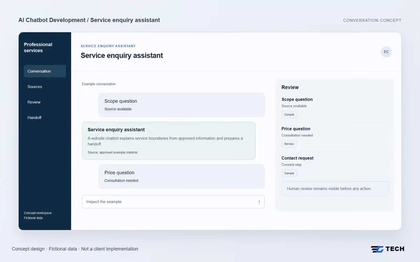 Service enquiry assistant. Concept design with illustrative sample records.