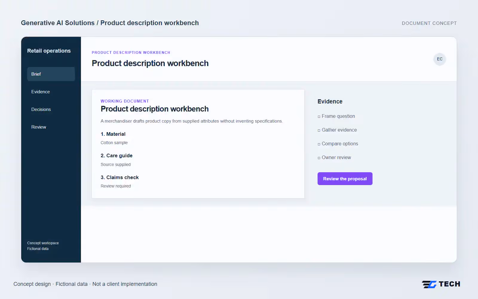 Product description workbench. Concept design with illustrative sample records.
