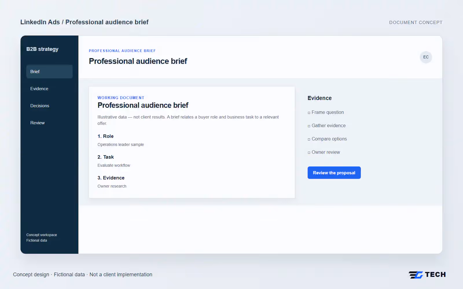 Professional audience brief. Concept design with illustrative sample records.