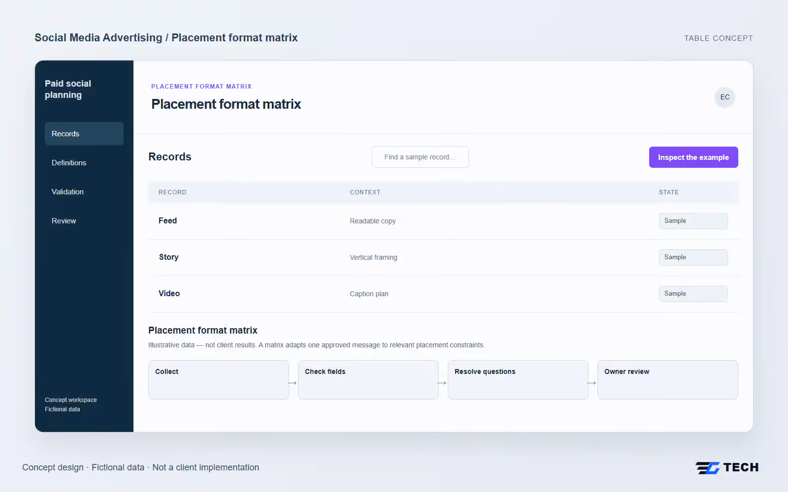 Placement format matrix. Concept design with illustrative sample records.