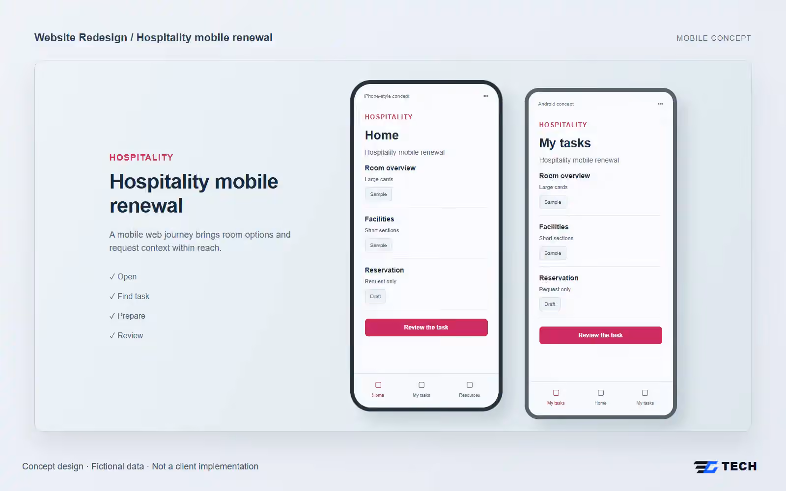 Hospitality mobile renewal. Concept design with illustrative sample records.